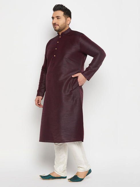 Vastramay Men's Plus Size Burgundy Silk Blend Kurta Pant Set