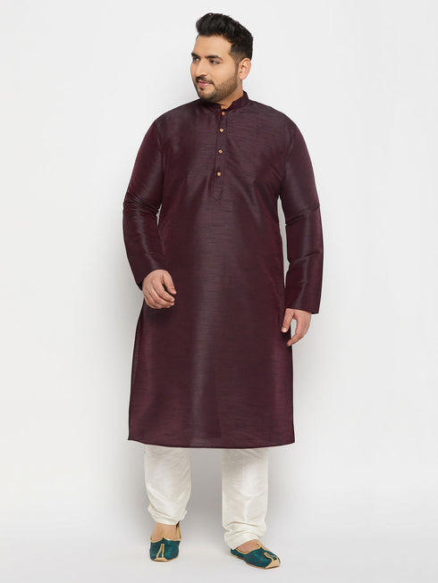Vastramay Men's Plus Size Burgundy Silk Blend Kurta Pant Set