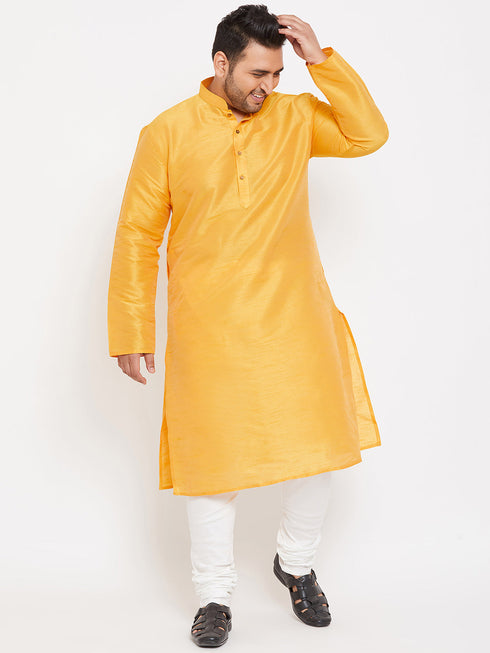 Vastramay Men's Plus Size Yellow Silk Blend Kurta Pyjama Set