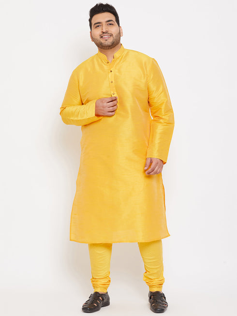 Vastramay Men's Plus Size Yellow Silk Blend Kurta Pyjama Set