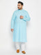 Vastramay Men's Plus Size Aqua Blue Cotton Kurta And Cotton Pant Style Pyjama Set