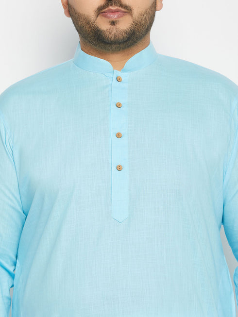 Vastramay Men's Plus Size Aqua Blue Cotton Kurta And Cotton Pant Style Pyjama Set