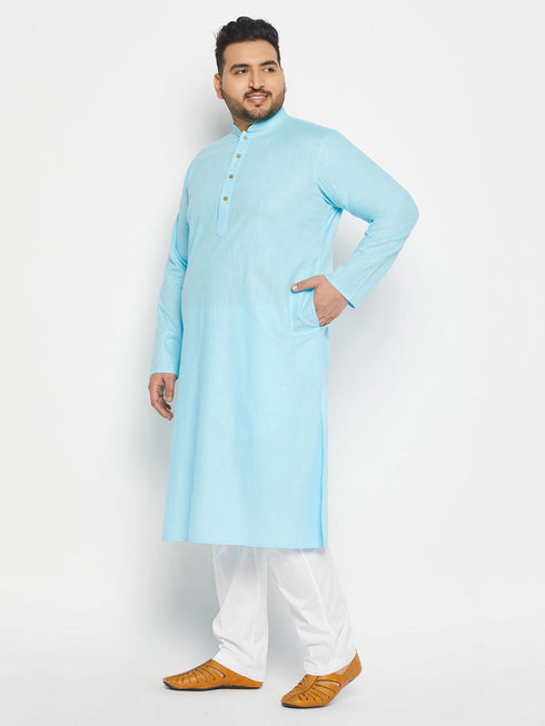 Vastramay Men's Plus Size Aqua Blue Cotton Kurta And Cotton Pant Style Pyjama Set