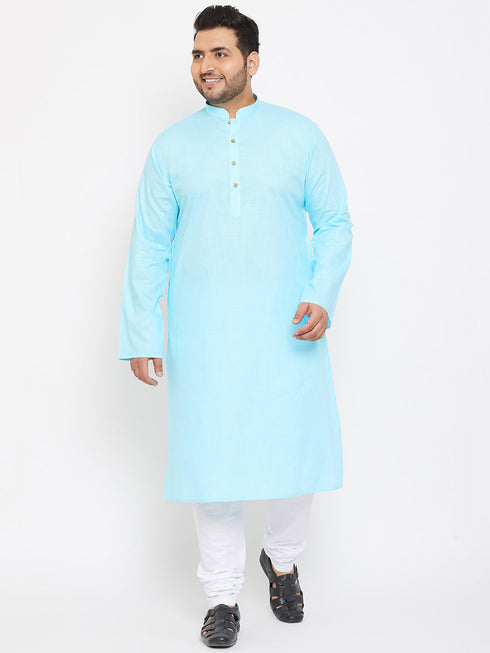 Vastramay Men's Plus Size Aqua Blue Cotton Kurta And Pyjama Set