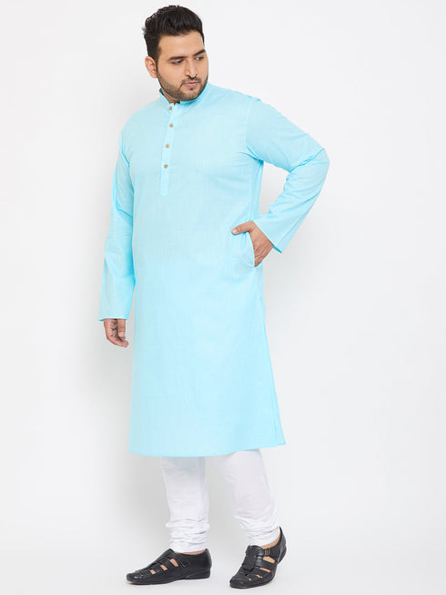 Vastramay Men's Plus Size Aqua Blue Cotton Kurta And Pyjama Set