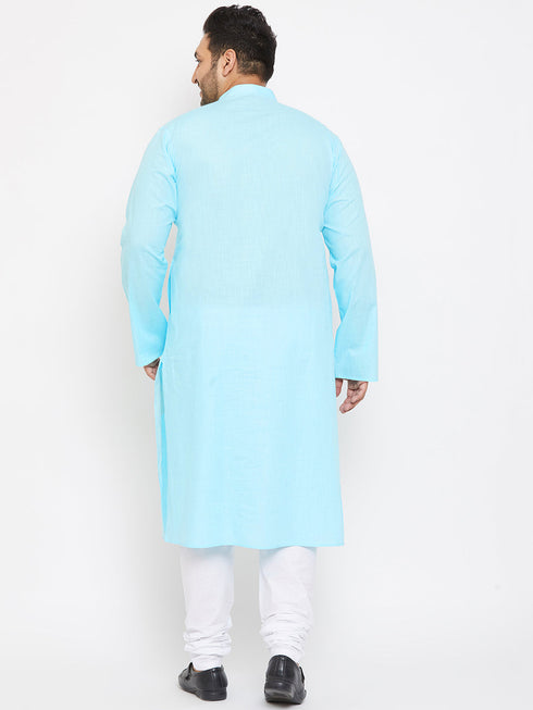 Vastramay Men's Plus Size Aqua Blue Cotton Kurta And Pyjama Set