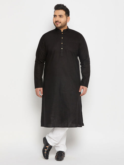 Vastramay Men's Plus Size Black Cotton Kurta And Cotton Pant Style Pyjama Set