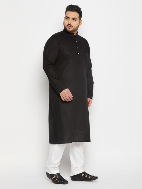 Vastramay Men's Plus Size Black Cotton Kurta And Cotton Pant Style Pyjama Set
