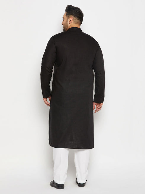 Vastramay Men's Plus Size Black Cotton Kurta And Cotton Pant Style Pyjama Set