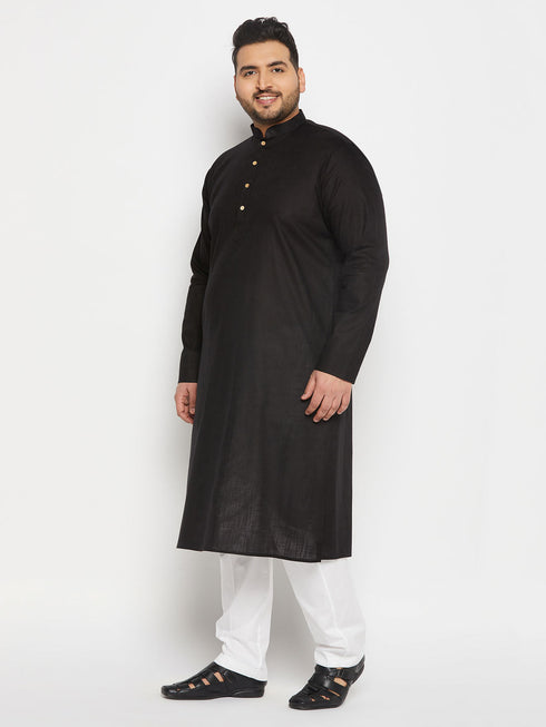 Vastramay Men's Plus Size Black Cotton Kurta And Cotton Pant Style Pyjama Set