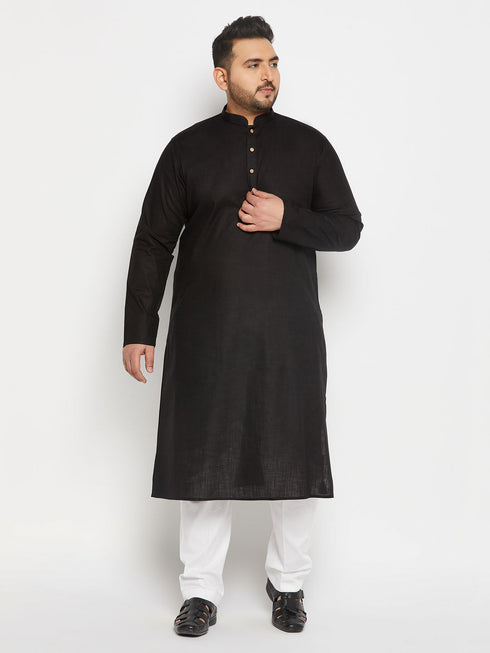Vastramay Men's Plus Size Black Cotton Kurta And Cotton Pant Style Pyjama Set