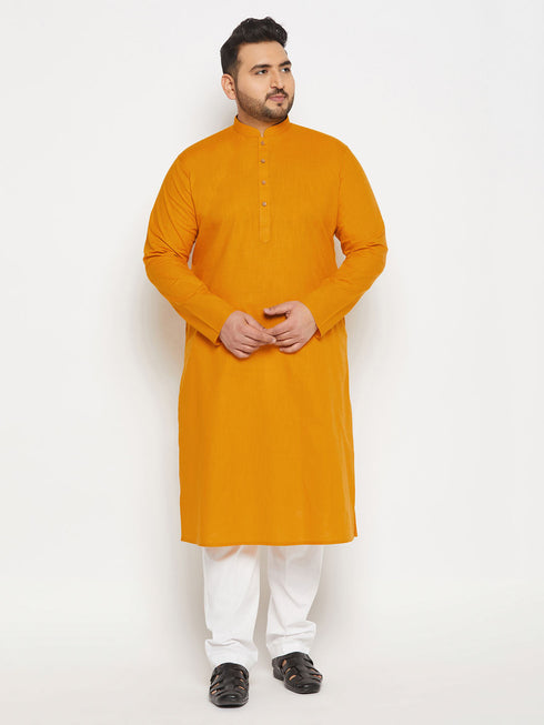 Vastramay Men's Plus Size Mustard Cotton Kurta And Cotton Pant Style Pyjama Set