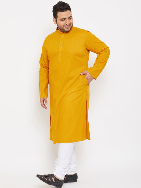 Vastramay Men's Plus Size Mustard Cotton Kurta And Pyjama Set