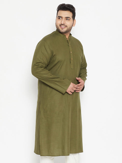 Vastramay Men's Plus Size Mahendi Green Cotton Blend Kurta