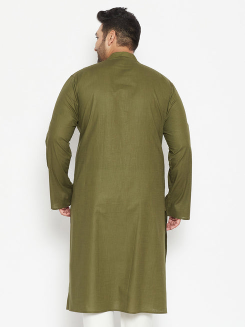Vastramay Men's Plus Size Mahendi Green Cotton Blend Kurta