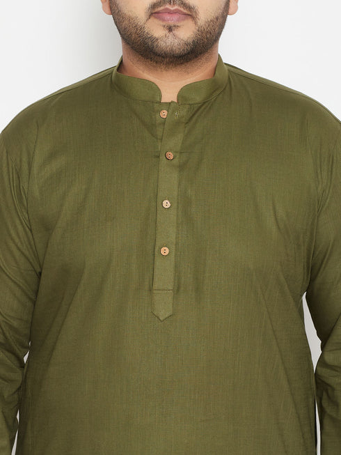 Vastramay Men's Plus Size Mahendi Green Cotton Blend Kurta
