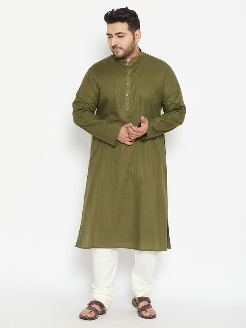 Vastramay Men's Plus Size Mahendi Green Cotton Blend Kurta
