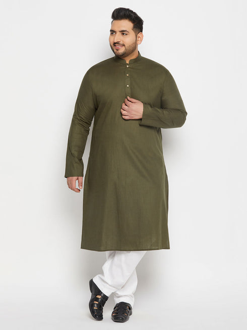 Vastramay Men's Plus Size Mehndi Green Cotton Kurta And Cotton Pant Style Pyjama Set