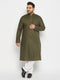 Vastramay Men's Plus Size Mehndi Green Cotton Kurta And Cotton Pant Style Pyjama Set