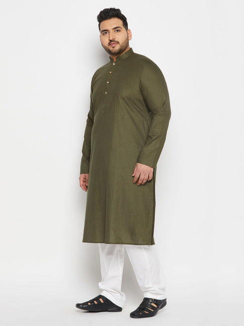 Vastramay Men's Plus Size Mehndi Green Cotton Kurta And Cotton Pant Style Pyjama Set