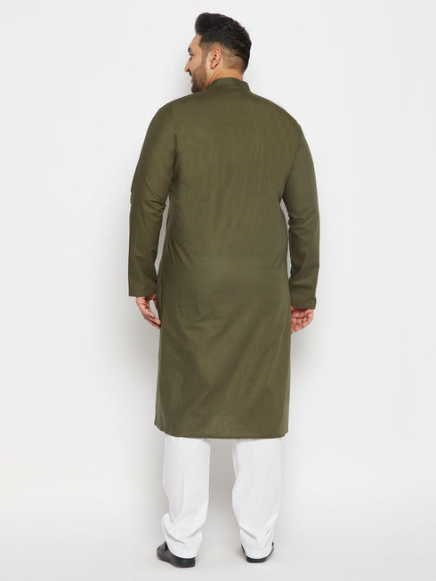 Vastramay Men's Plus Size Mehndi Green Cotton Kurta And Cotton Pant Style Pyjama Set