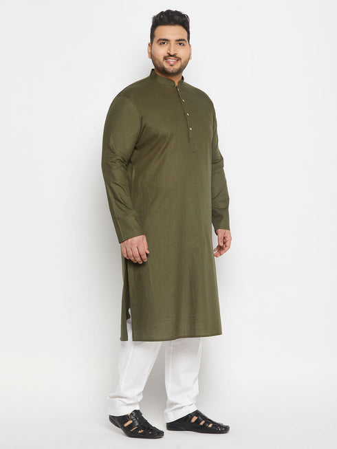 Vastramay Men's Plus Size Mehndi Green Cotton Kurta And Cotton Pant Style Pyjama Set