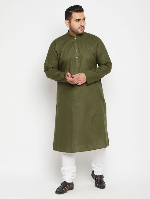 Vastramay Men's Plus Size Mahendi Green And White Cotton Blend Kurta Pyjama Set