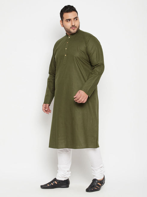 Vastramay Men's Plus Size Mahendi Green And White Cotton Blend Kurta Pyjama Set
