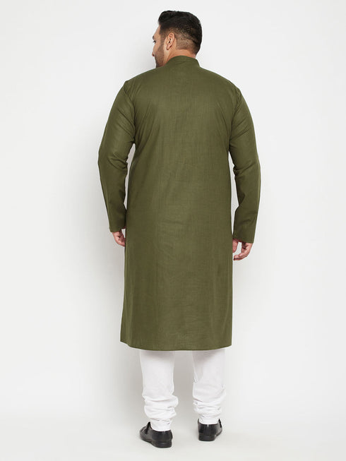 Vastramay Men's Plus Size Mahendi Green And White Cotton Blend Kurta Pyjama Set