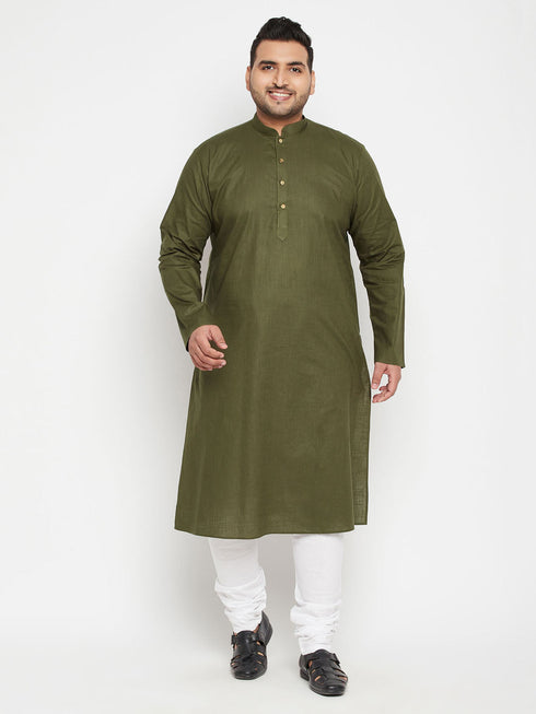 Vastramay Men's Plus Size Mahendi Green And White Cotton Blend Kurta Pyjama Set