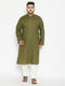 Vastramay Men's Plus Size Mehendi Green And Cream Cotton Blend Kurta Pyjama Set