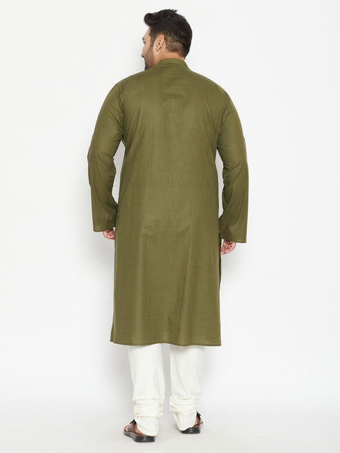 Vastramay Men's Plus Size Mehendi Green And Cream Cotton Blend Kurta Pyjama Set