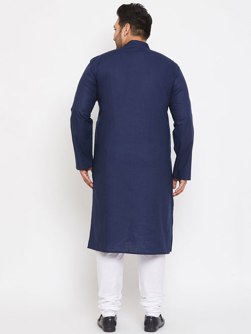 Vastramay Men's Plus Size Navy Blue Cotton Kurta And Pyjama Set