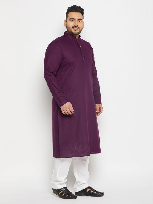 Vastramay Men's Plus Size Purple Cotton Kurta And Cotton Pant Style Pyjama Set