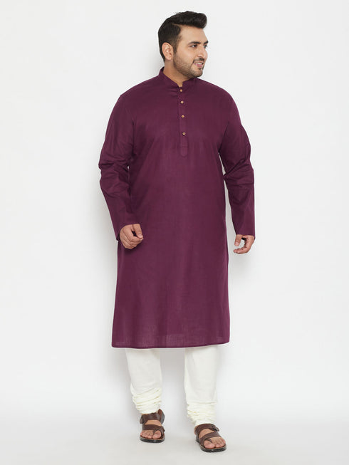 Vastramay Men's Plus Size Purple And Cream Cotton Blend Kurta Pyjama Set