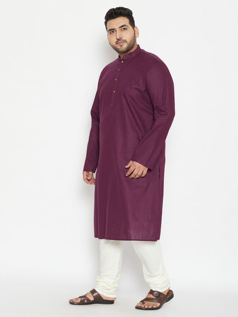 Vastramay Men's Plus Size Purple And Cream Cotton Blend Kurta Pyjama Set