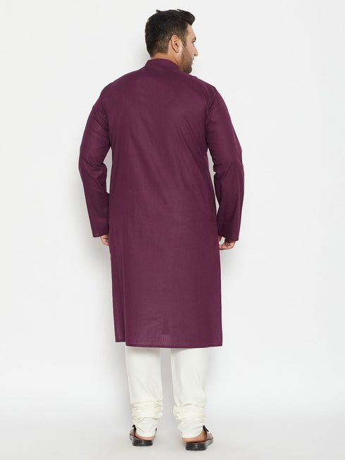 Vastramay Men's Plus Size Purple And Cream Cotton Blend Kurta Pyjama Set