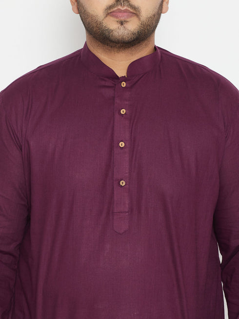 Vastramay Men's Plus Size Purple And Cream Cotton Blend Kurta Pyjama Set