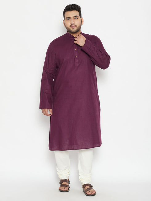 Vastramay Men's Plus Size Purple And Cream Cotton Blend Kurta Pyjama Set