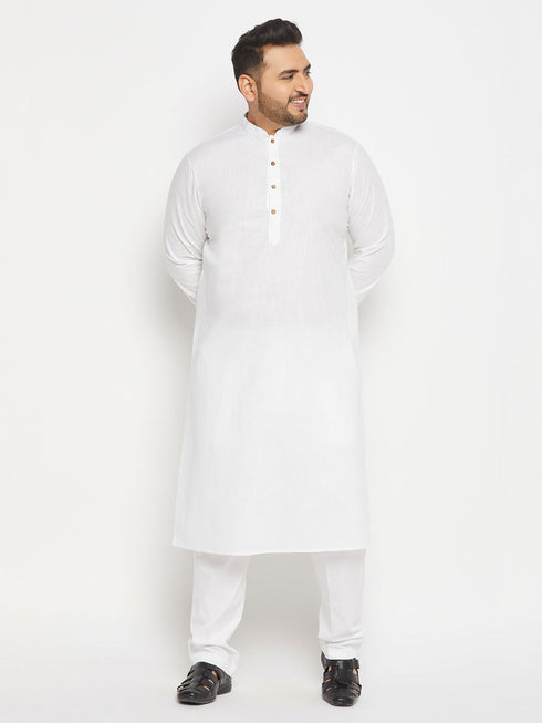 Vastramay Men's Plus Size White Cotton Kurta And Cotton Pant Style Pyjama Set