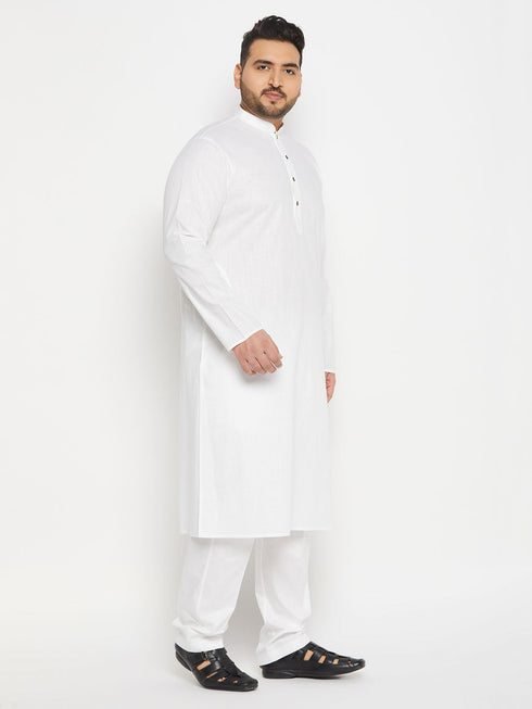 Vastramay Men's Plus Size White Cotton Kurta And Cotton Pant Style Pyjama Set