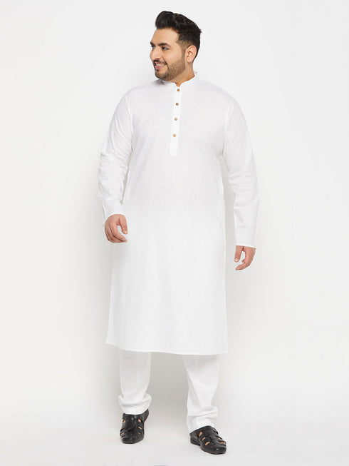 Vastramay Men's Plus Size White Cotton Kurta And Cotton Pant Style Pyjama Set