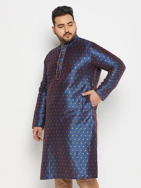Vastramay Men's Plus Size Navy Blue Zari Weaved Kurta