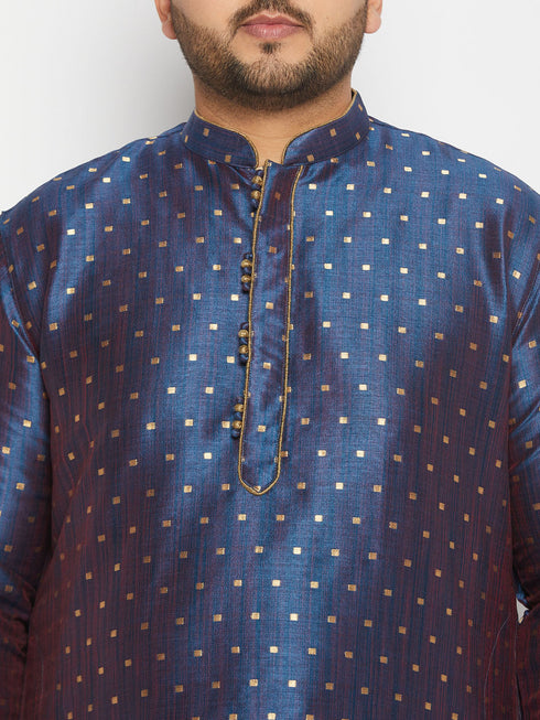 Vastramay Men's Plus Size Navy Blue Zari Weaved Kurta