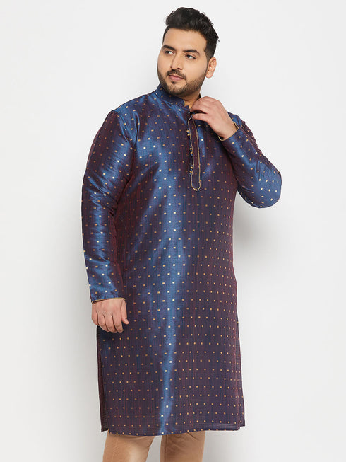 Vastramay Men's Plus Size Navy Blue Zari Weaved Kurta