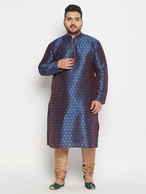 Vastramay Men's Plus Size Navy Blue Zari Weaved Kurta