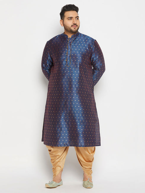 Vastramay Men's Plus Size Navy Blue Zari Weaved Kurta Dhoti Set