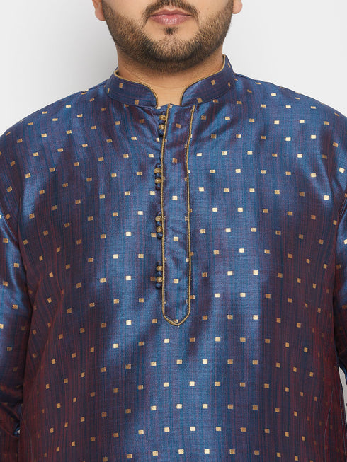 Vastramay Men's Plus Size Navy Blue Zari Weaved Kurta Dhoti Set