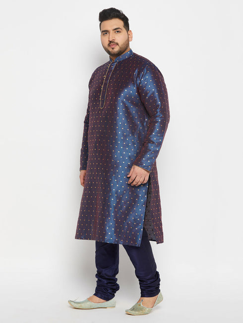Vastramay Men's PLUS Size Navy Blue Zari Weaved Kurta Pyjama Set