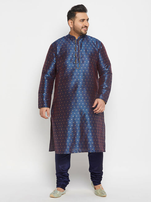 Vastramay Men's PLUS Size Navy Blue Zari Weaved Kurta Pyjama Set